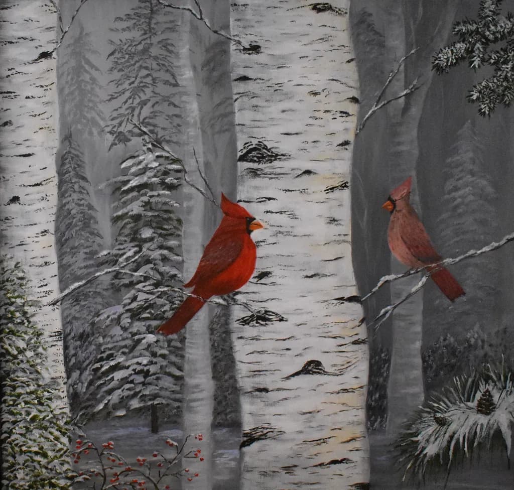 Cardinals in Winter Forest