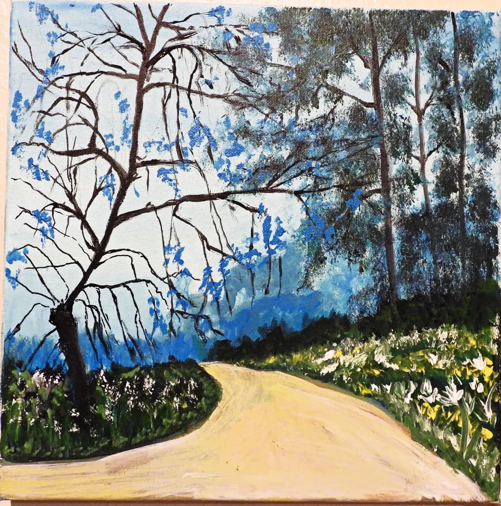Forest Path with Blue Trees