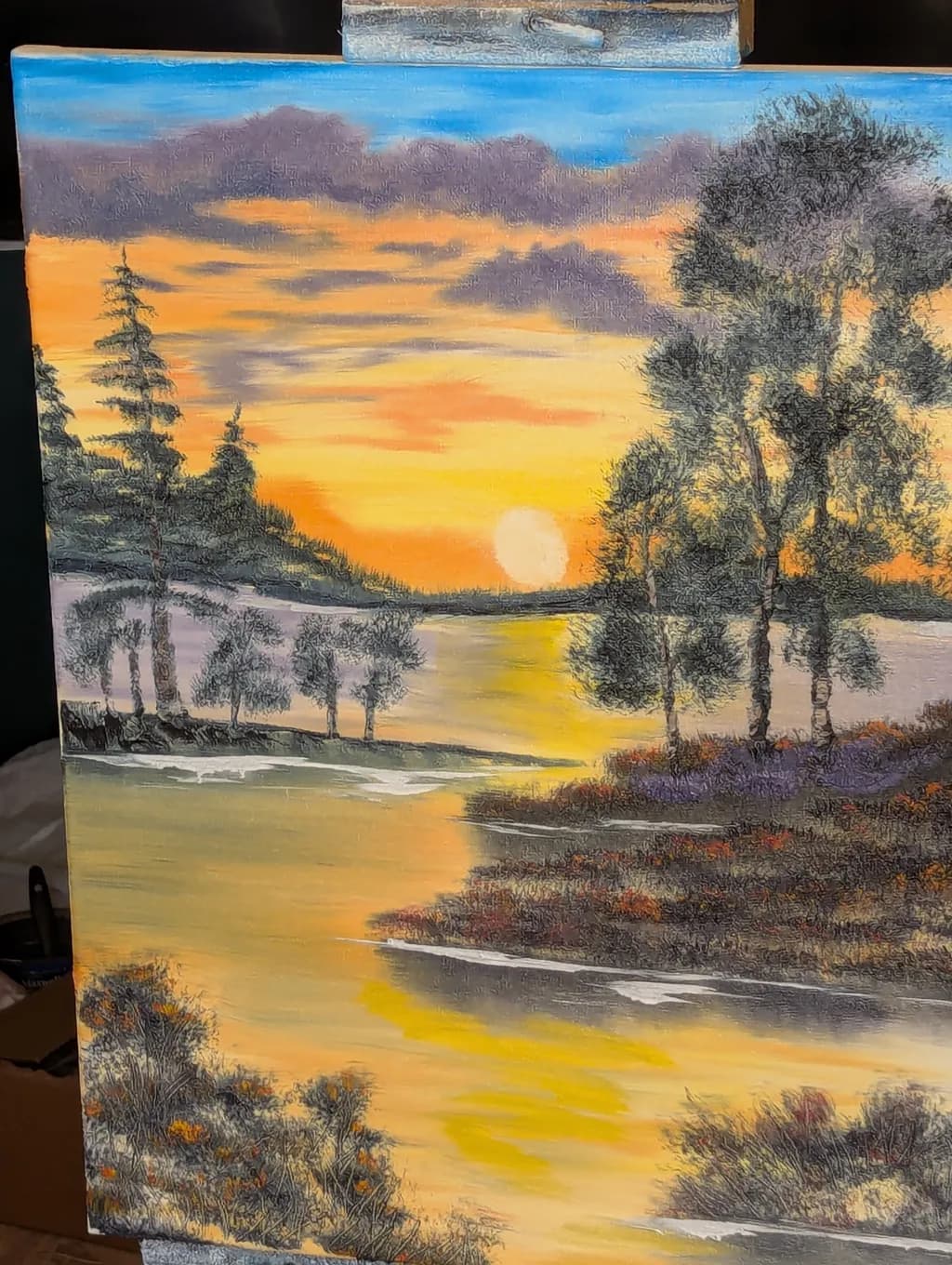 Sunset Over River and Trees