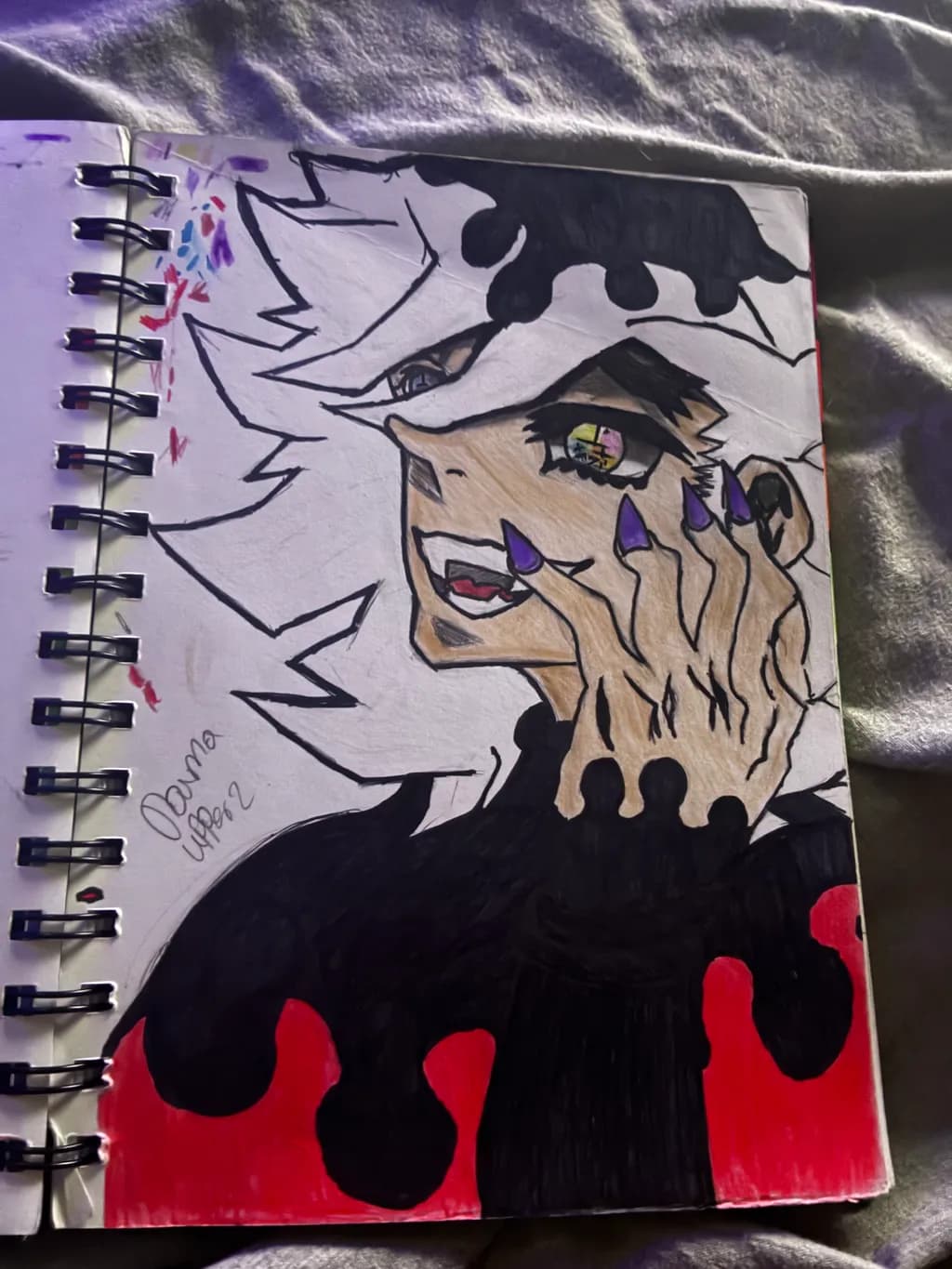 White-Haired Character with Black and Red Cloak