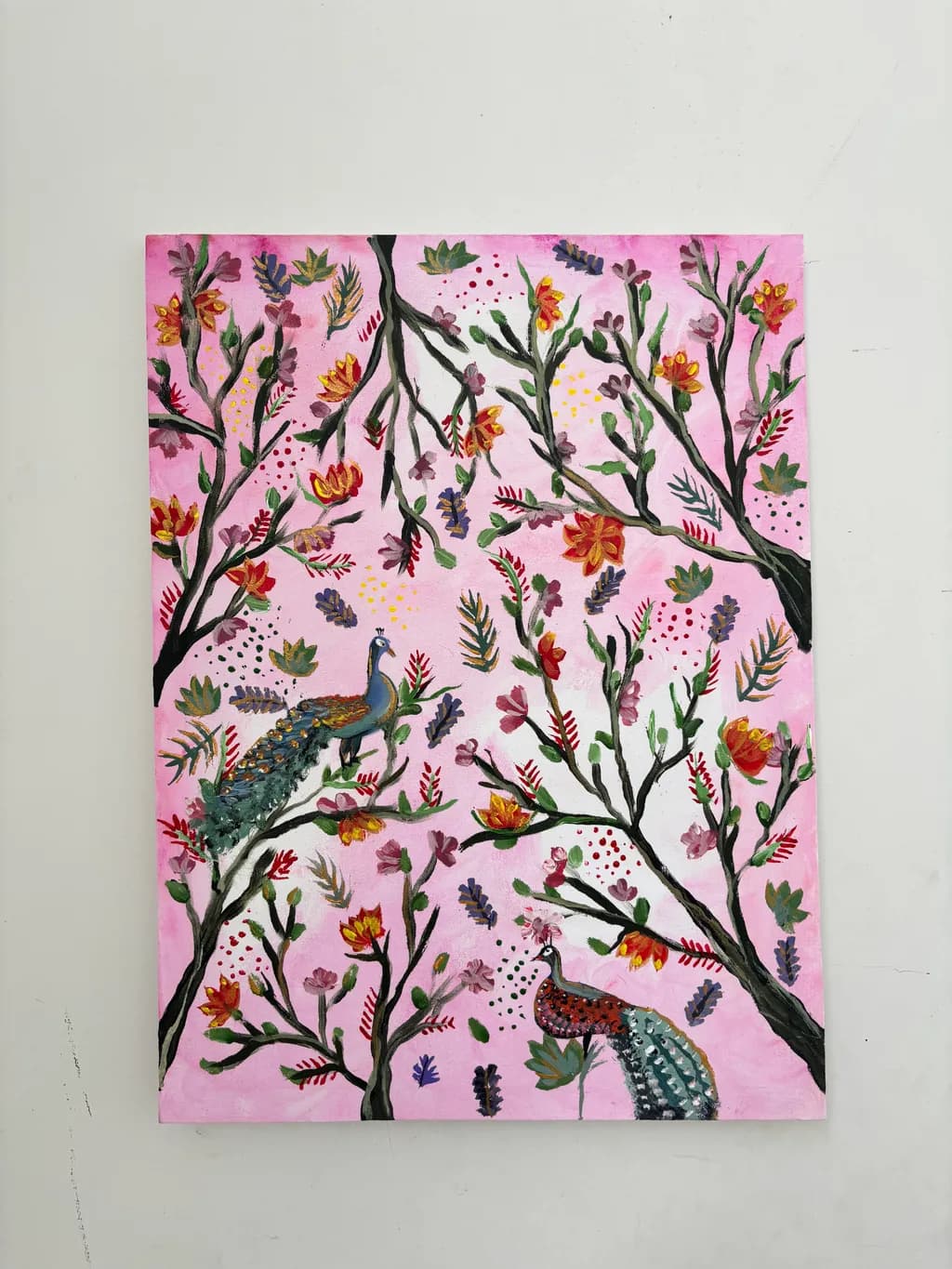 Peacocks Among Blossoms