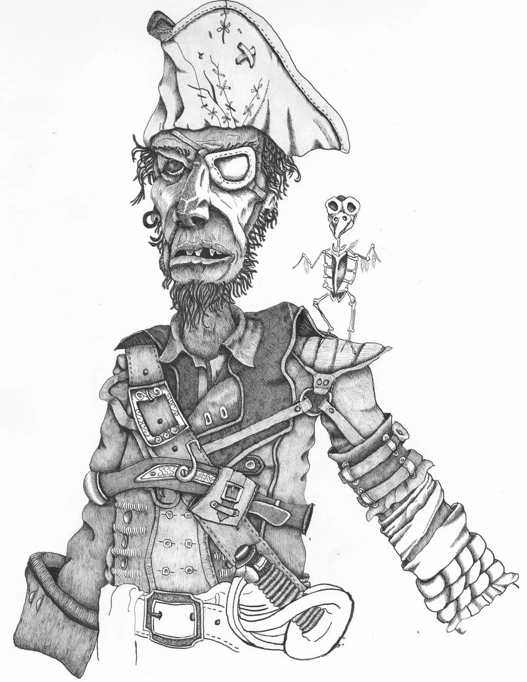 Pirate Drawing with Skeleton Bird