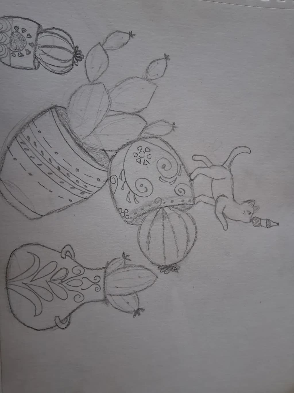 Potted Cacti with Cat