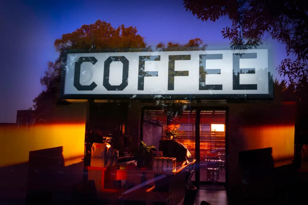Coffee Shop Sunset Reflections