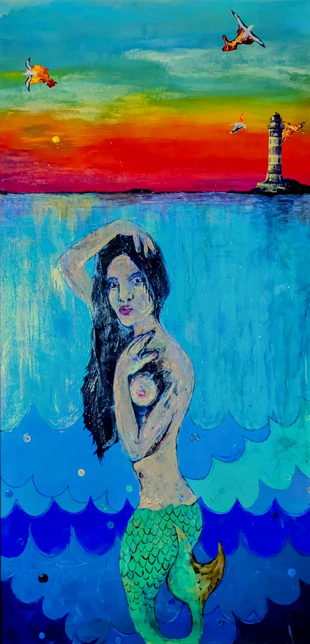 Mermaid and Lighthouse at Sunset