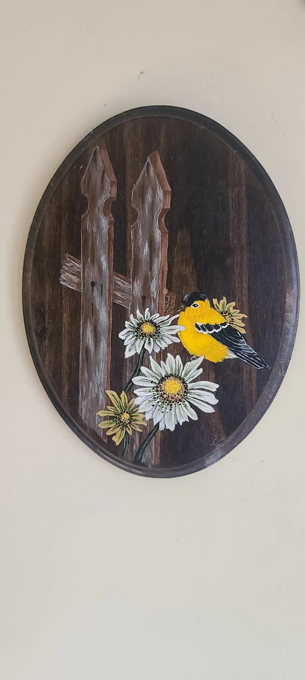 Yellow Bird and Flowers on Wood