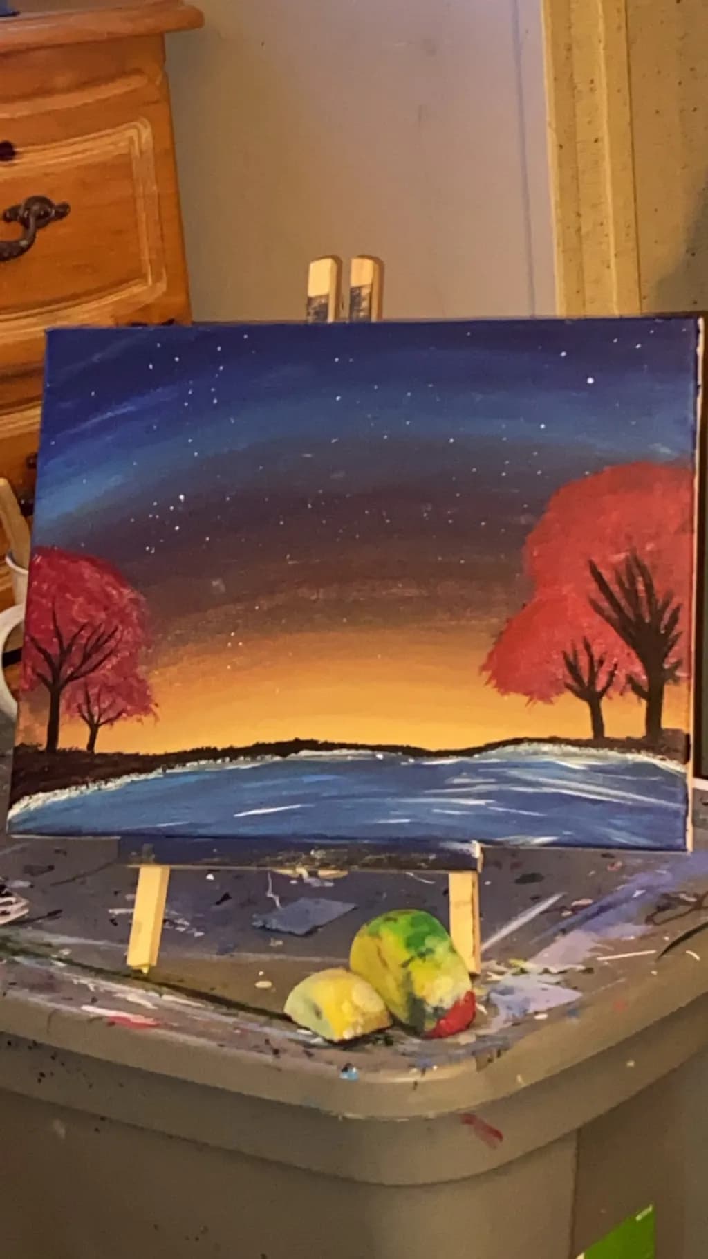 Twilight Lake with Red Trees