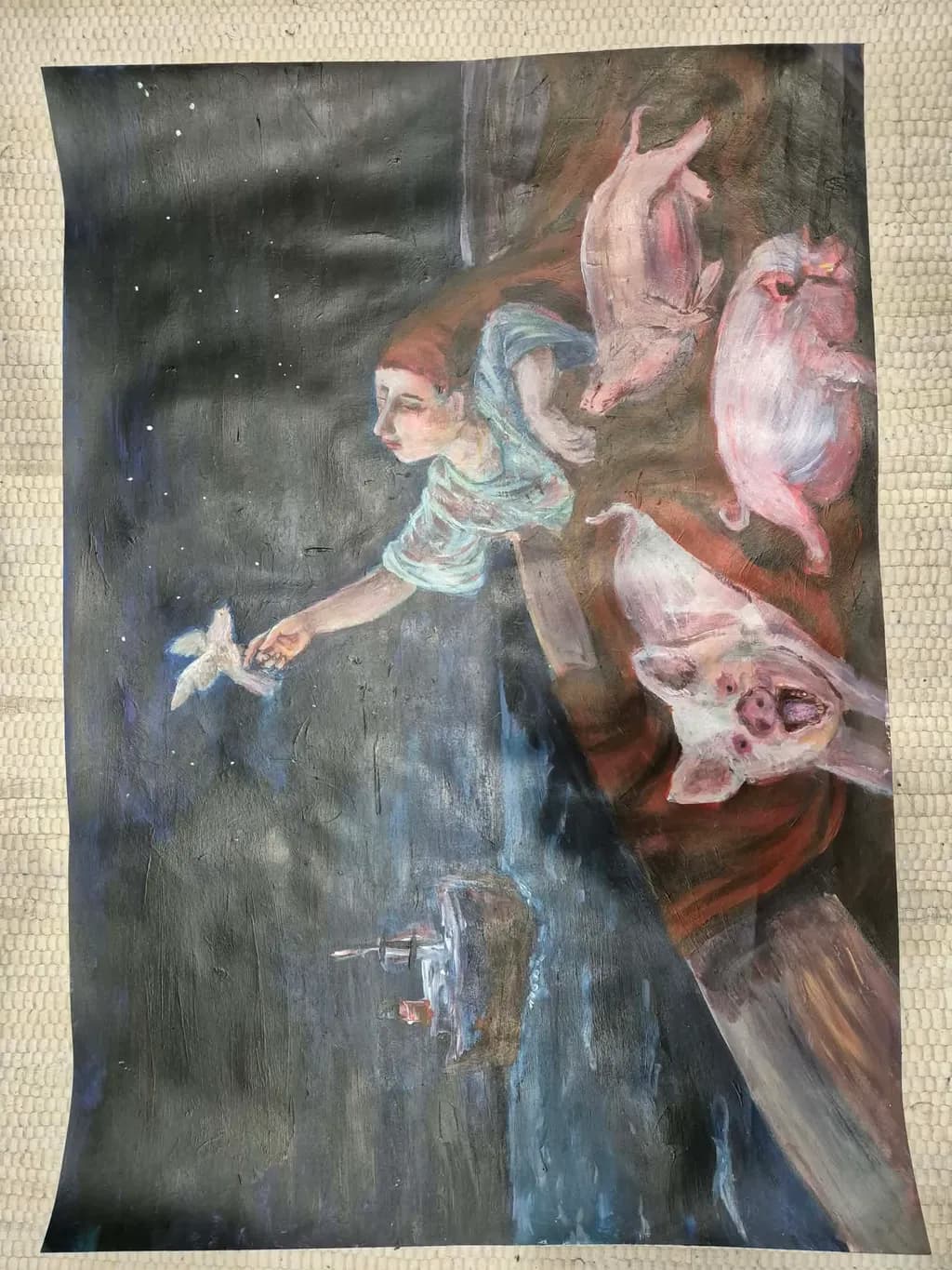 Girl with Pigs and Bird