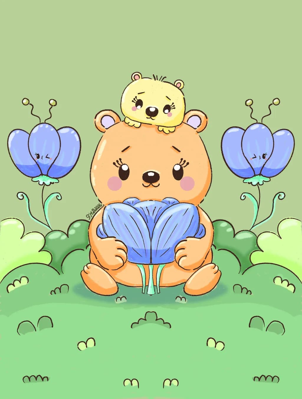 Bear and Blue Flowers