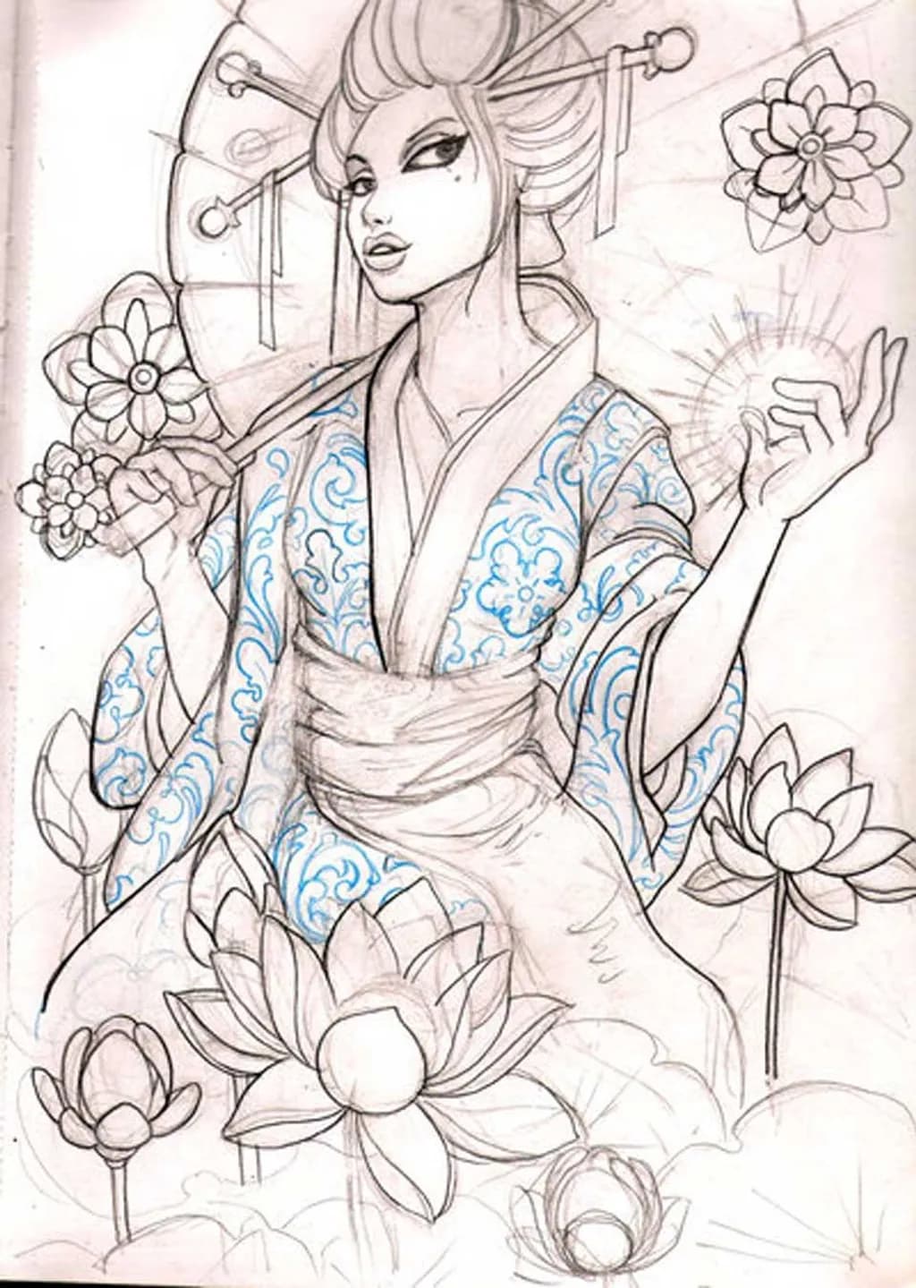 Geisha with Lotus Flowers