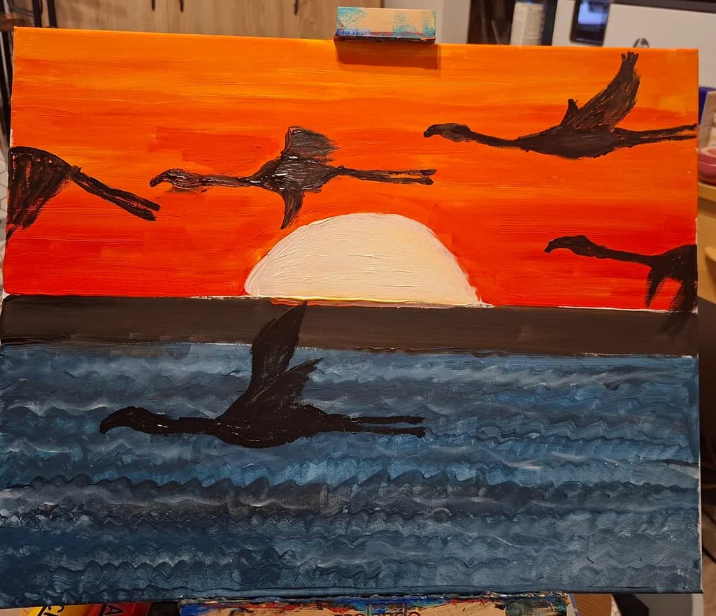 Sunset Birds Over Water