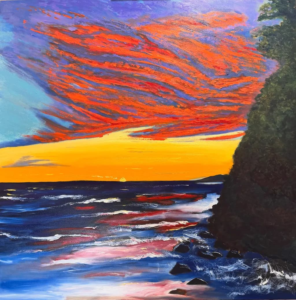 Sunset Over Ocean and Cliff