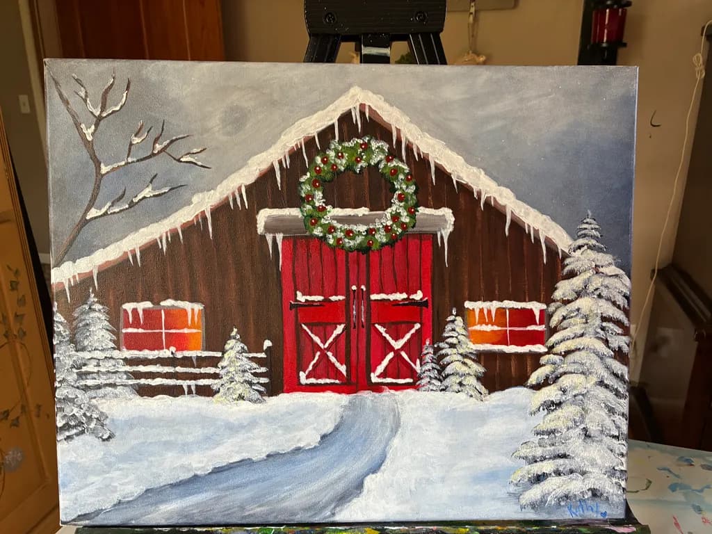 Snowy Barn with Wreath