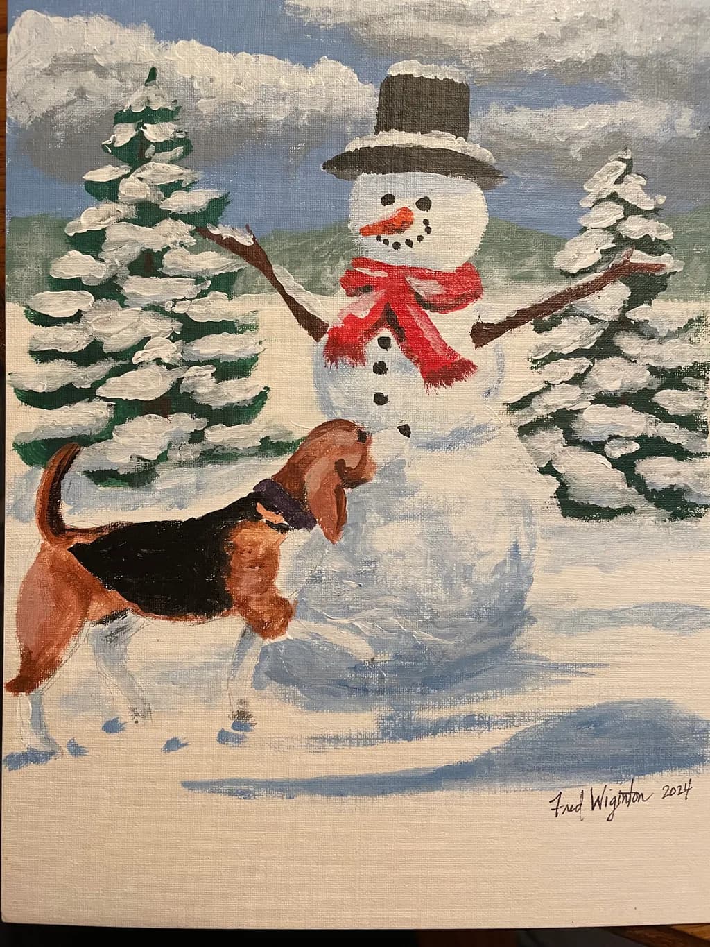 Snowman and Dog Winter Scene