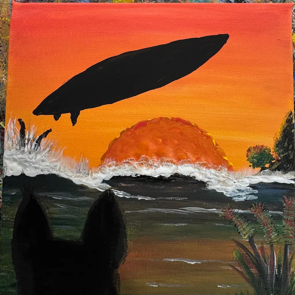 Surf board Over Sunset Ocean