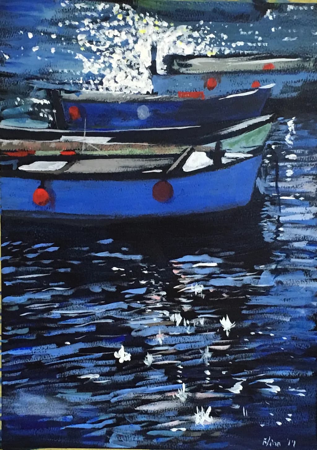 Blue Boats on Reflective Water