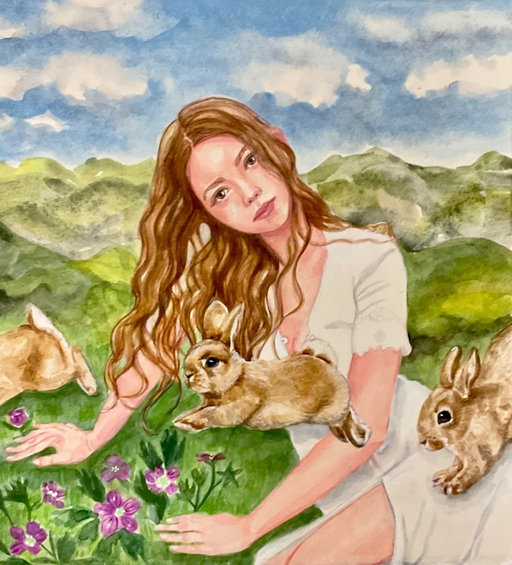 Girl with Rabbits in the Mountains