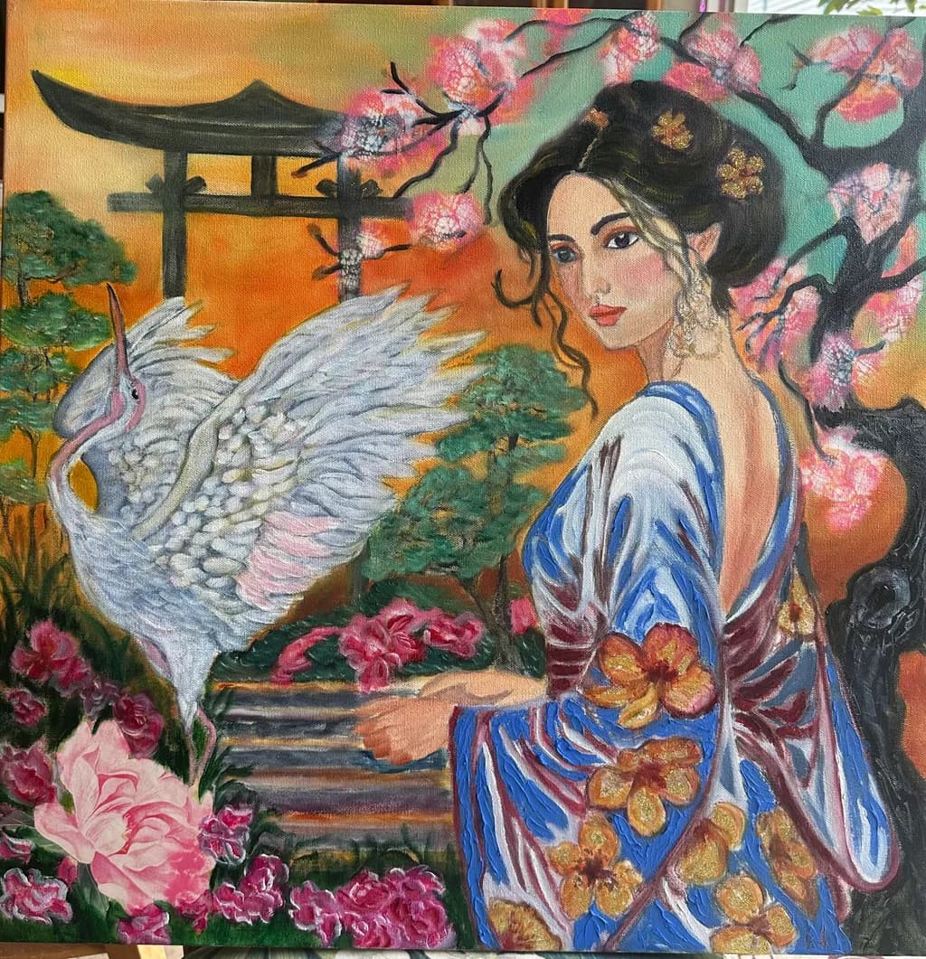 Kimono, Cranes, and Blossoms