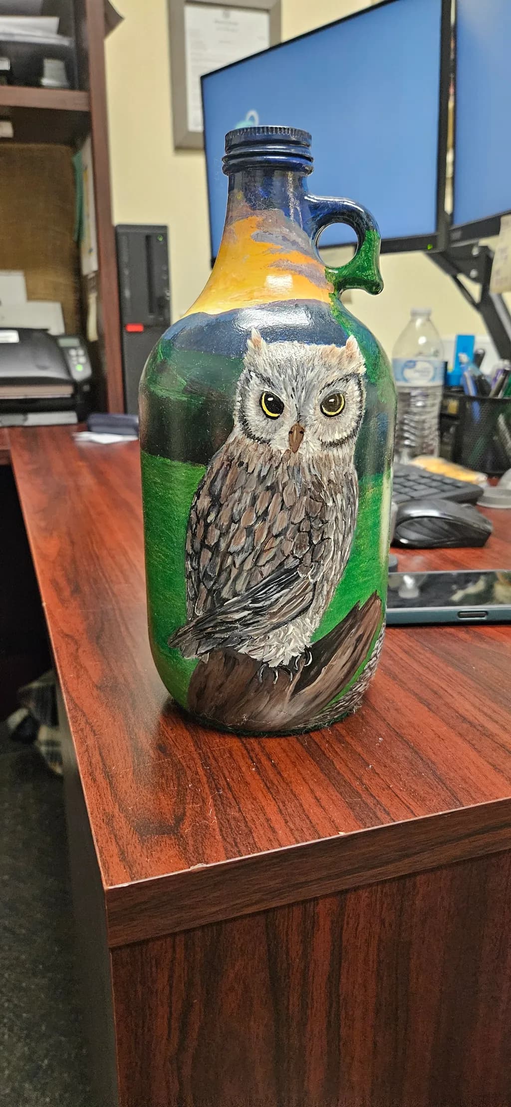 Owl on Painted Bottle
