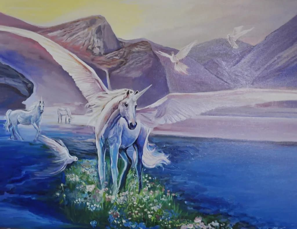 Winged Unicorns at Mountain Lake