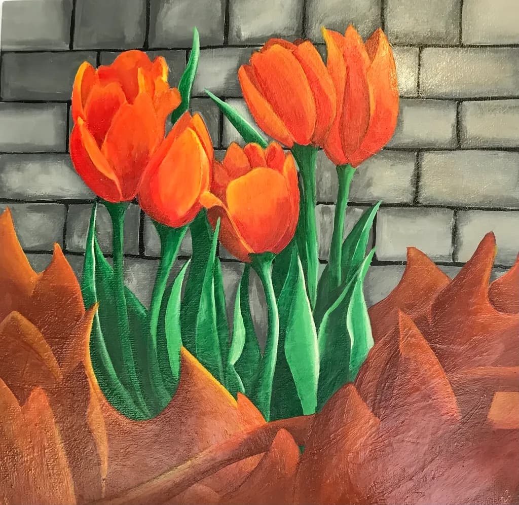 Autumn Tulips Against Brickwork
