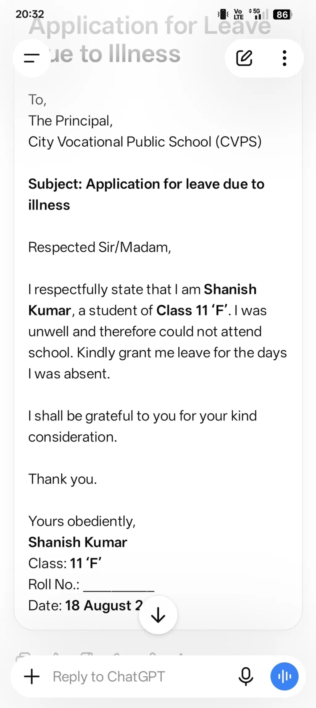 Application for Leave Due to Illness