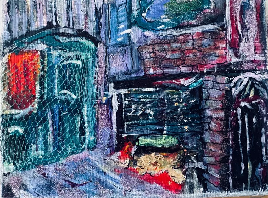 Alleyway in Teal and Crimson