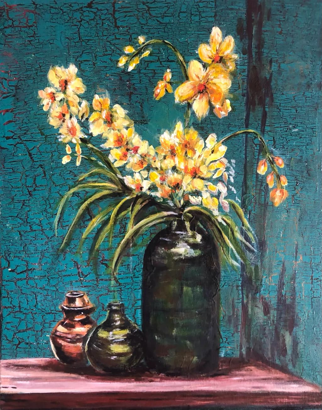 Golden Orchids in Teal Vases