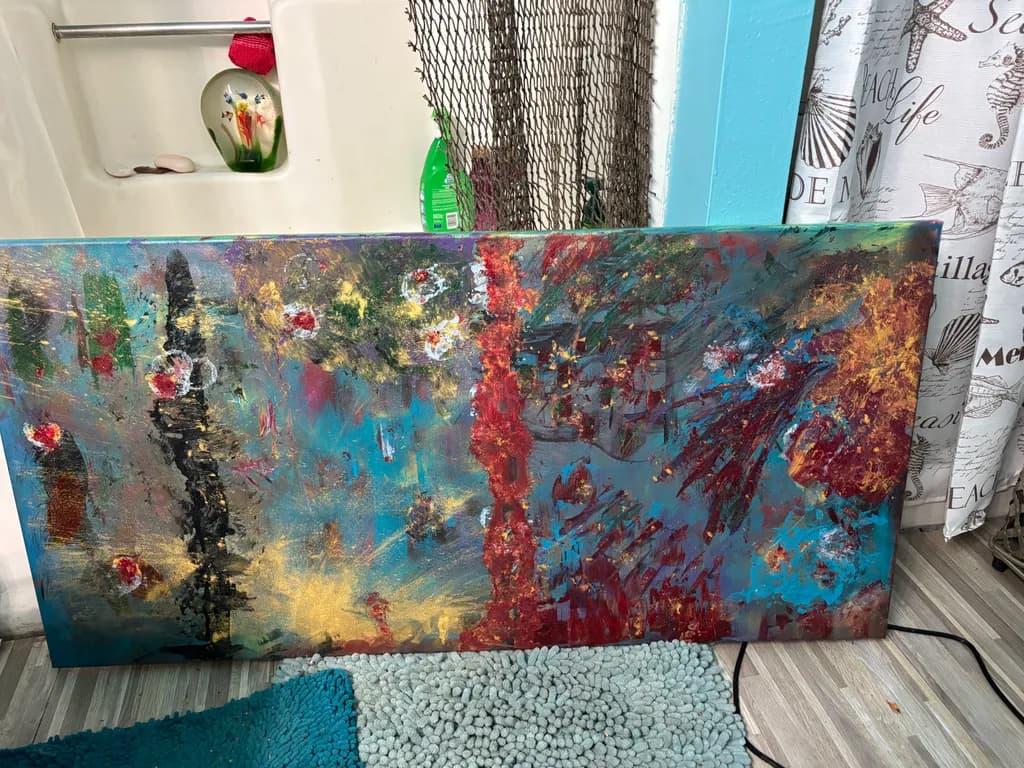 Abstract Garden in Blue and Crimson