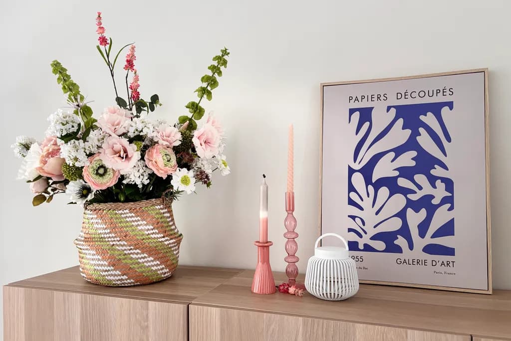 Blush Flowers and Woven Basket