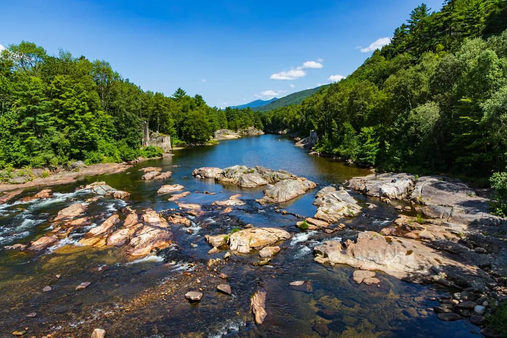 Sunlit River Through Forest Mountains
