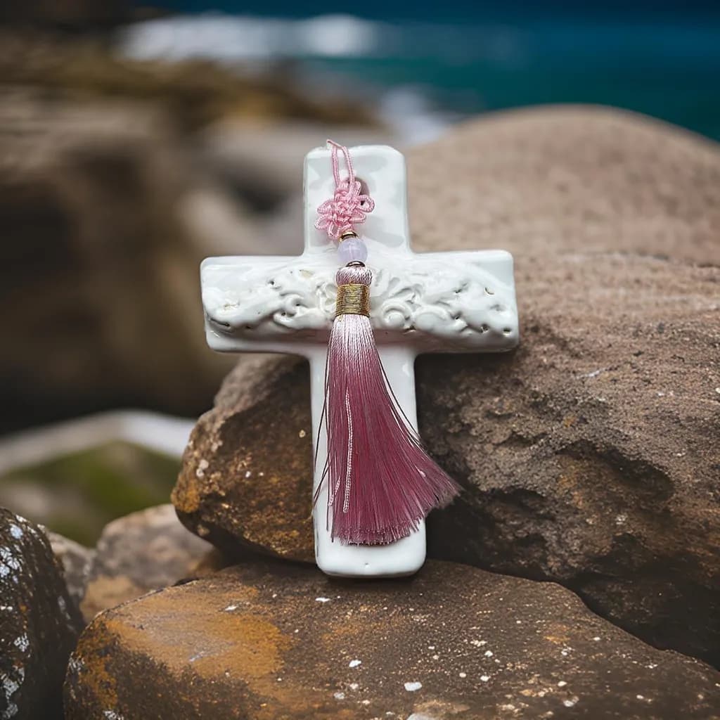 Pearl Cross with Pink Tassel