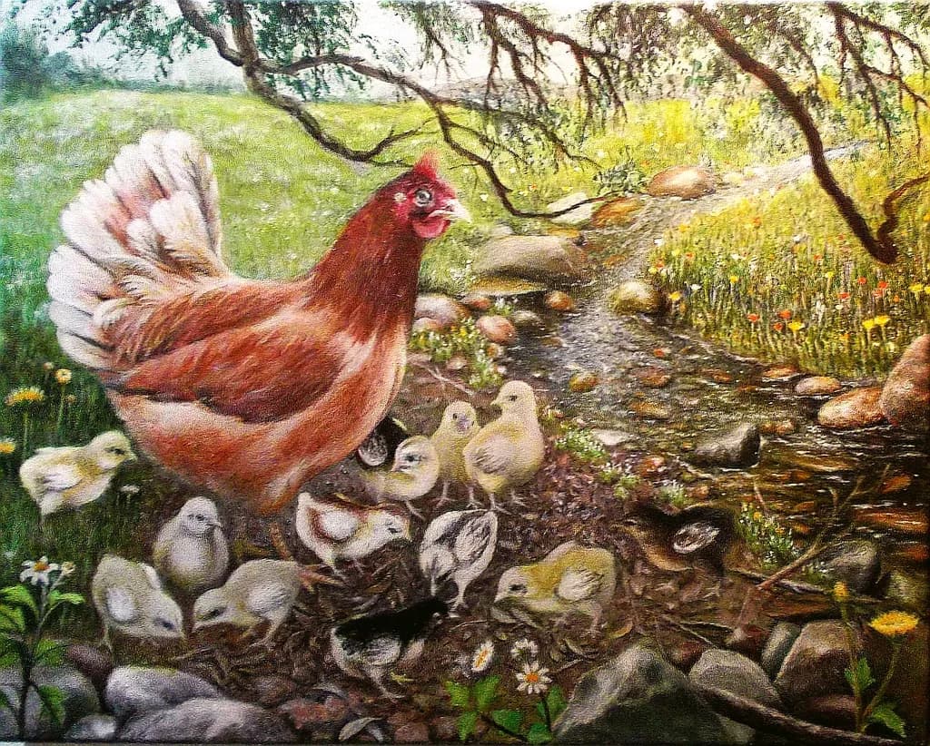 Hen and Chicks by the Stream