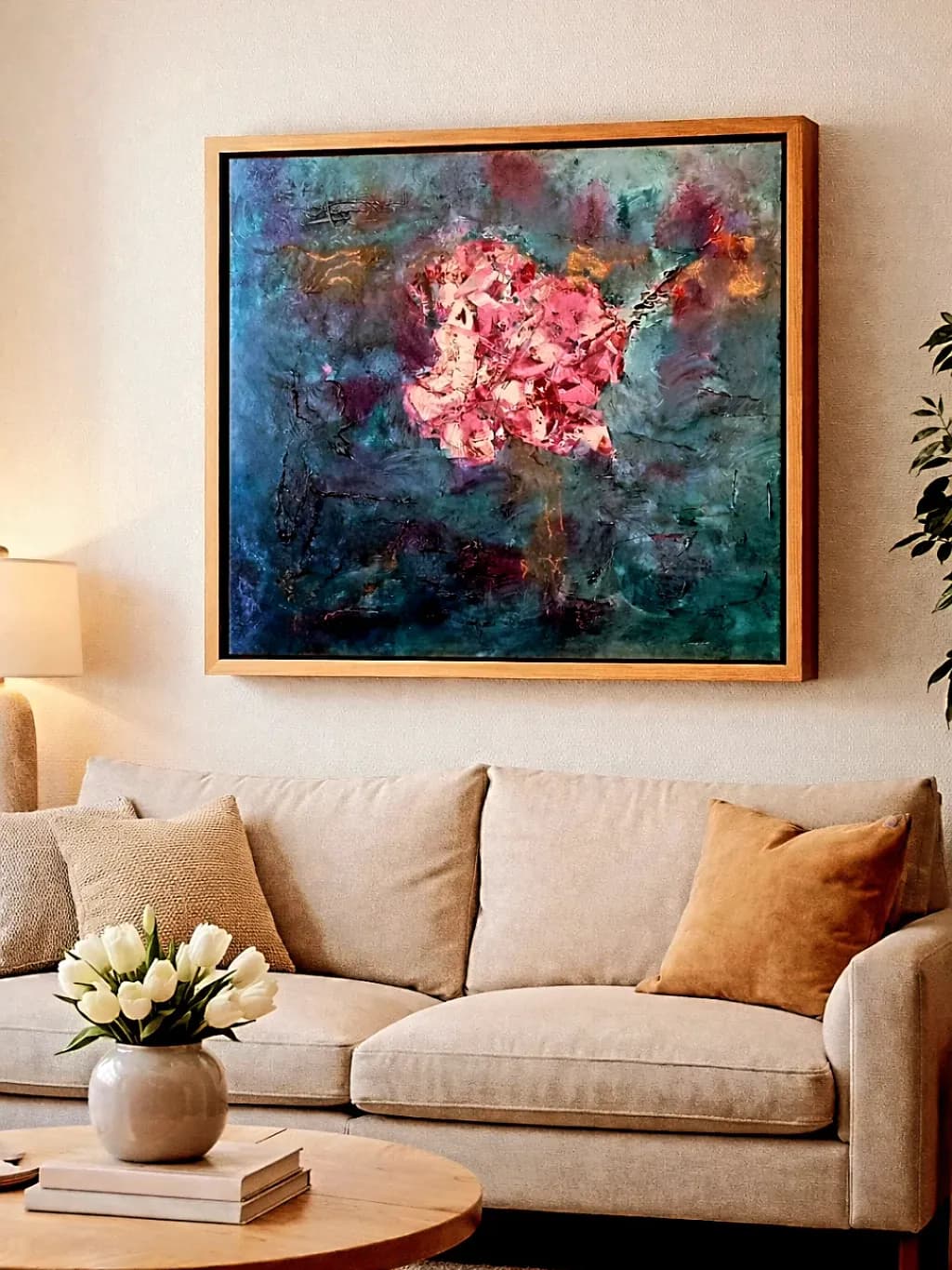 Pink Blossoms in Teal