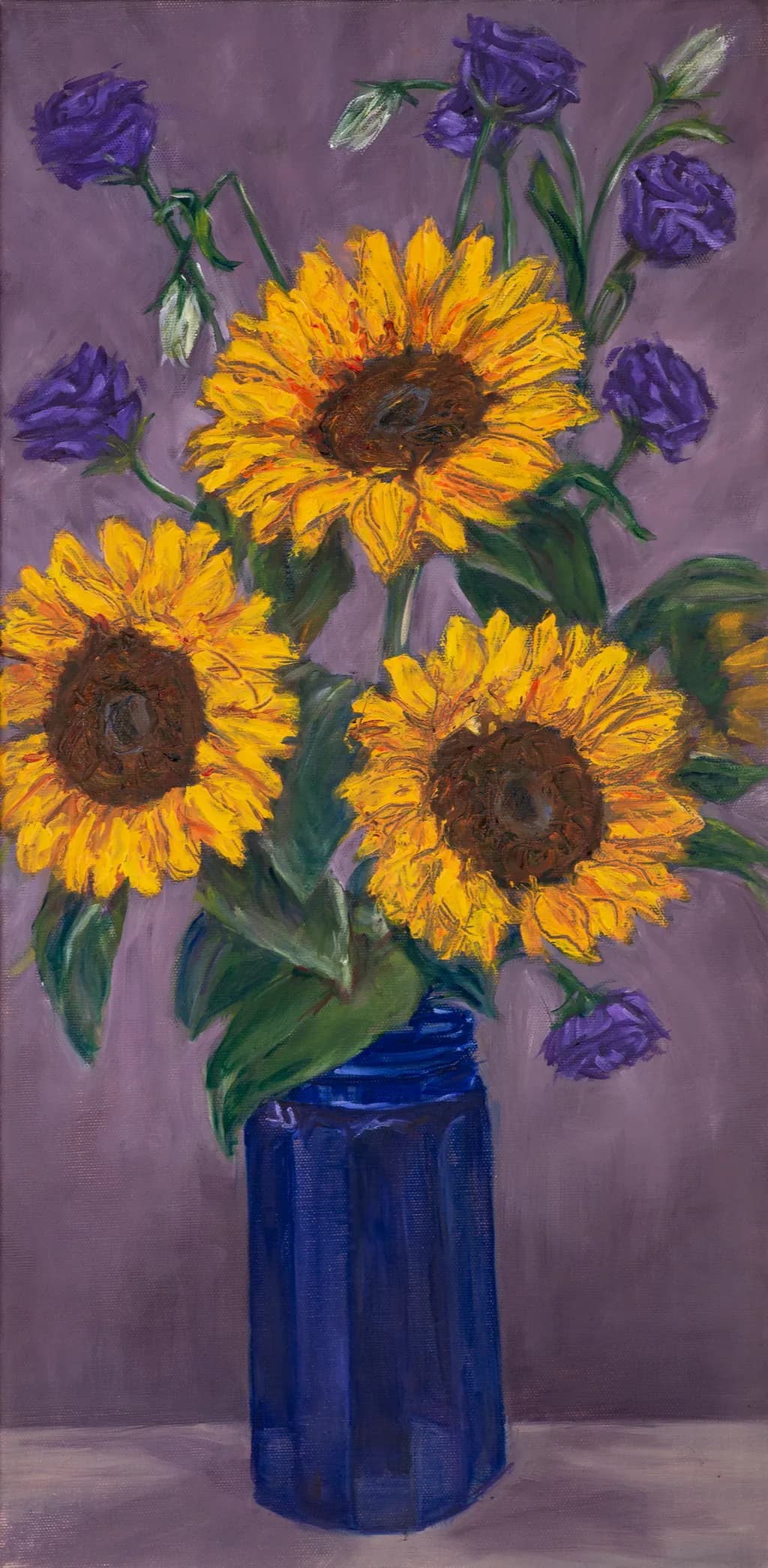 Sunlit Symphony: A Vibrant Bouquet of Sunflowers and Lilacs in Blue Glass