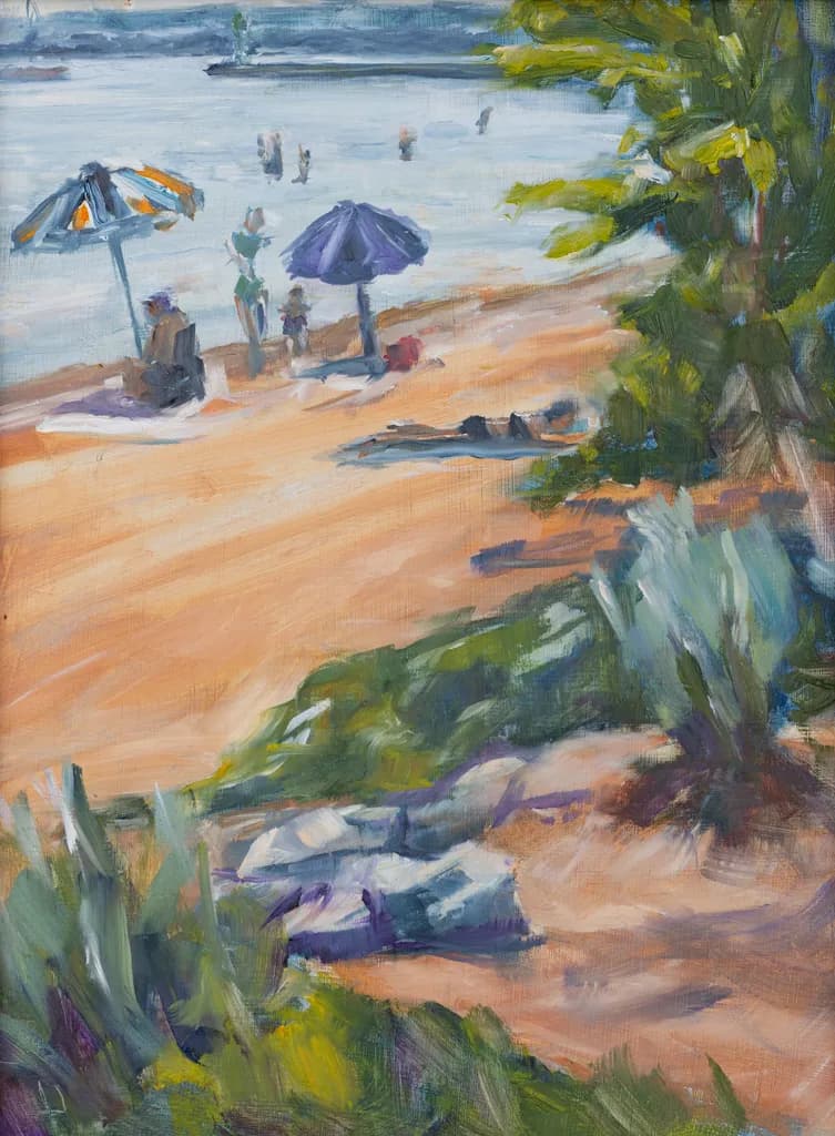 Serene Summer Escape: A Vibrant Beach Scene with Umbrellas and Gentle Waves