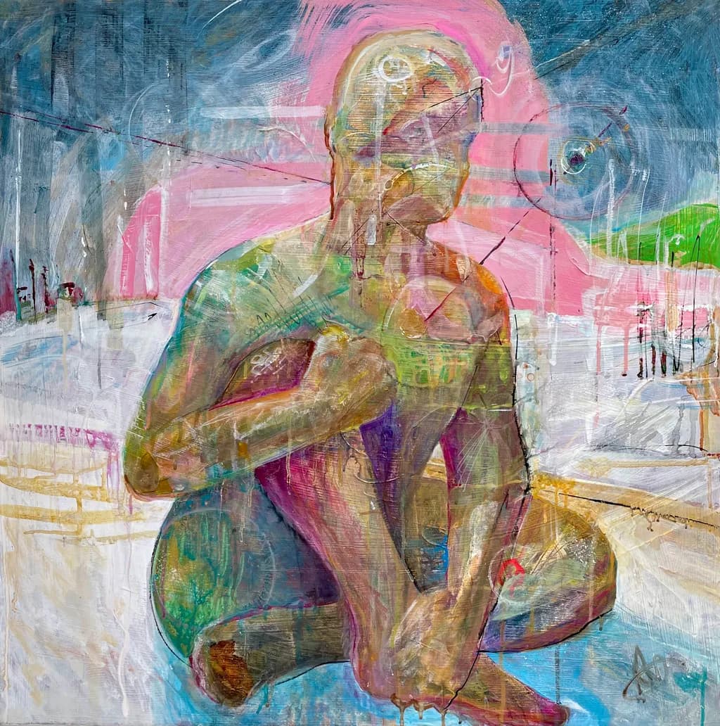 Ethereal Reflections: A Contemplative Figure in Vibrant Abstraction
