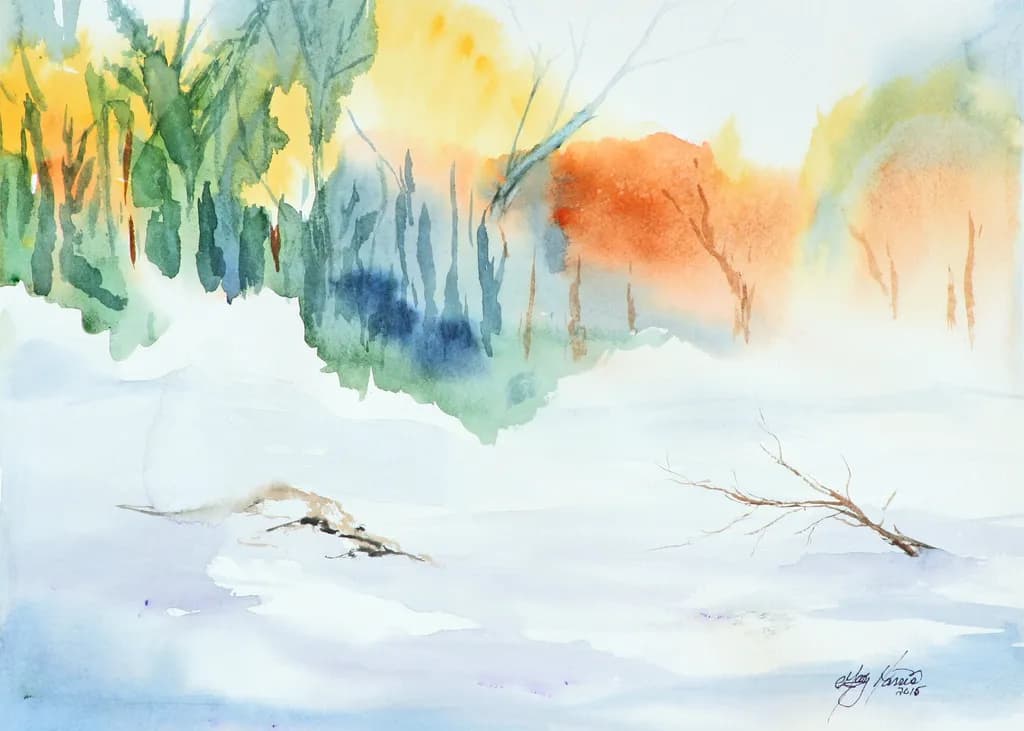 Whispers of Autumn: A Serene Watercolor Landscape in Transition