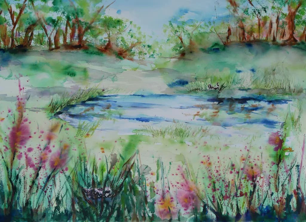 Whispers of Serenity: A Tranquil Watercolor Landscape with Lush Flora and Gentle Reflections