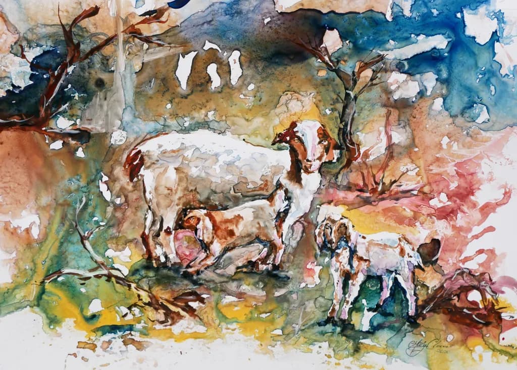Whimsical Harmony: A Watercolor Journey with Playful Goats in Nature's Embrace