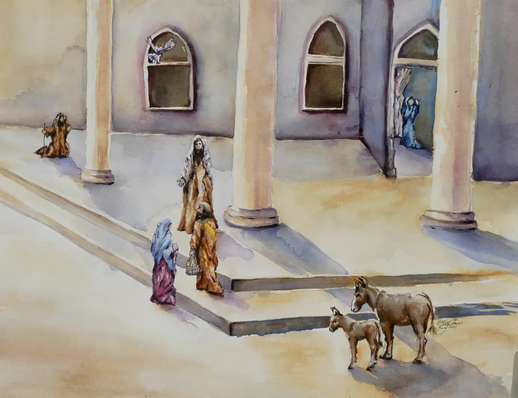 Whispers of the Past: A Watercolor Scene of Life and Interaction in an Architectural Landscape