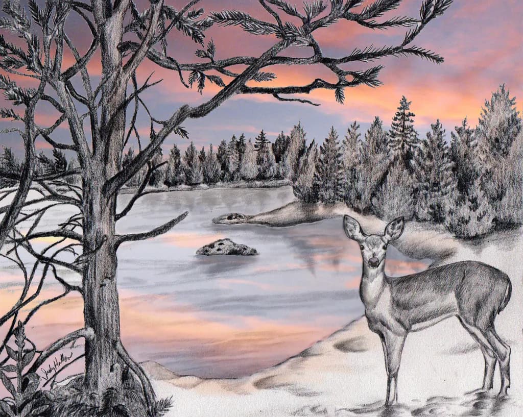 Whispers of Twilight: A Serene Landscape with Deer by the Water's Edge