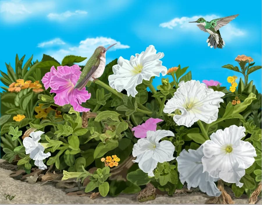 Whispers of Nature: Hummingbirds Dancing Among Blossoms in a Vibrant Garden Scene