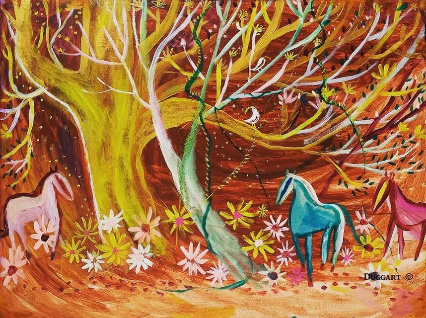 Whimsical Harmony: Enchanted Horses Beneath the Vibrant Canopy