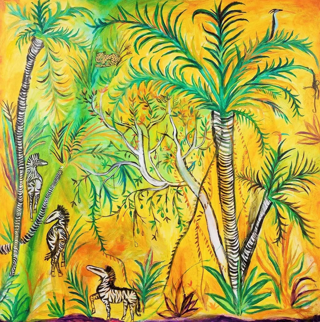 Tropical Whimsy: A Vibrant Jungle Dance of Zebras and Flora