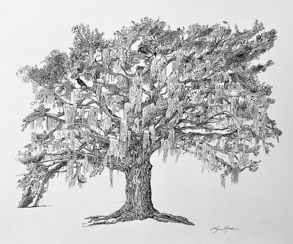 Whispers of Nature: A Detailed Black and White Illustration of a Majestic Tree