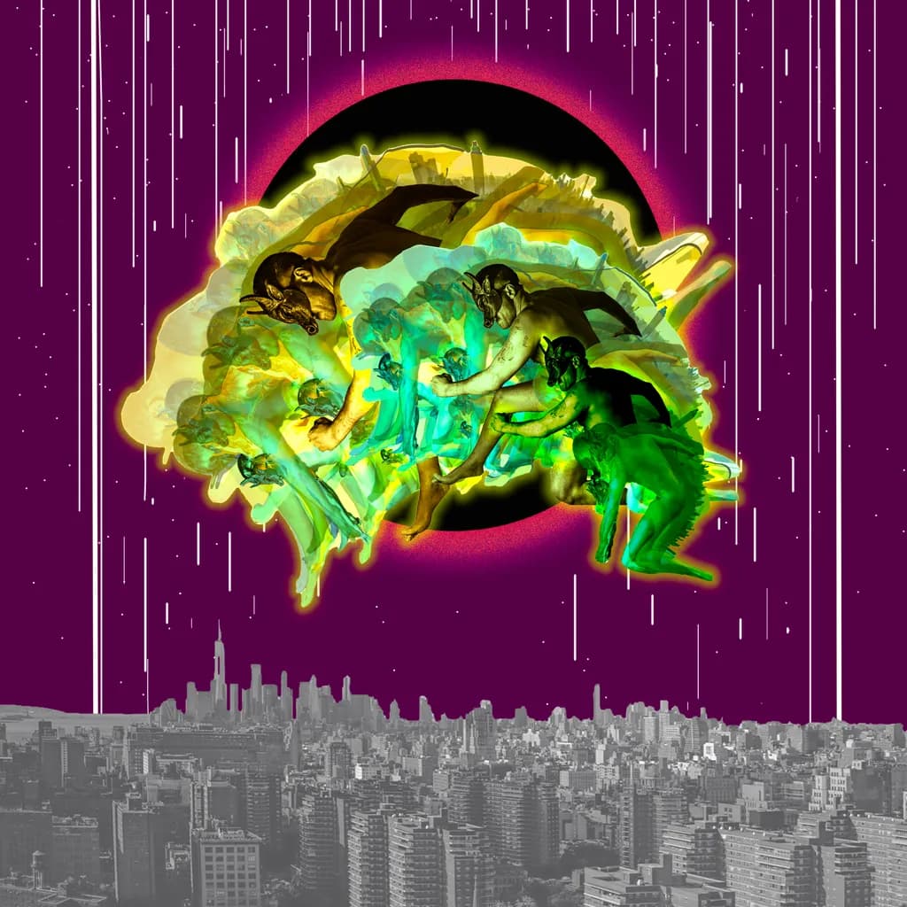 Cosmic Echoes: A Surreal Dance of Neon Figures in an Abstract Cityscape