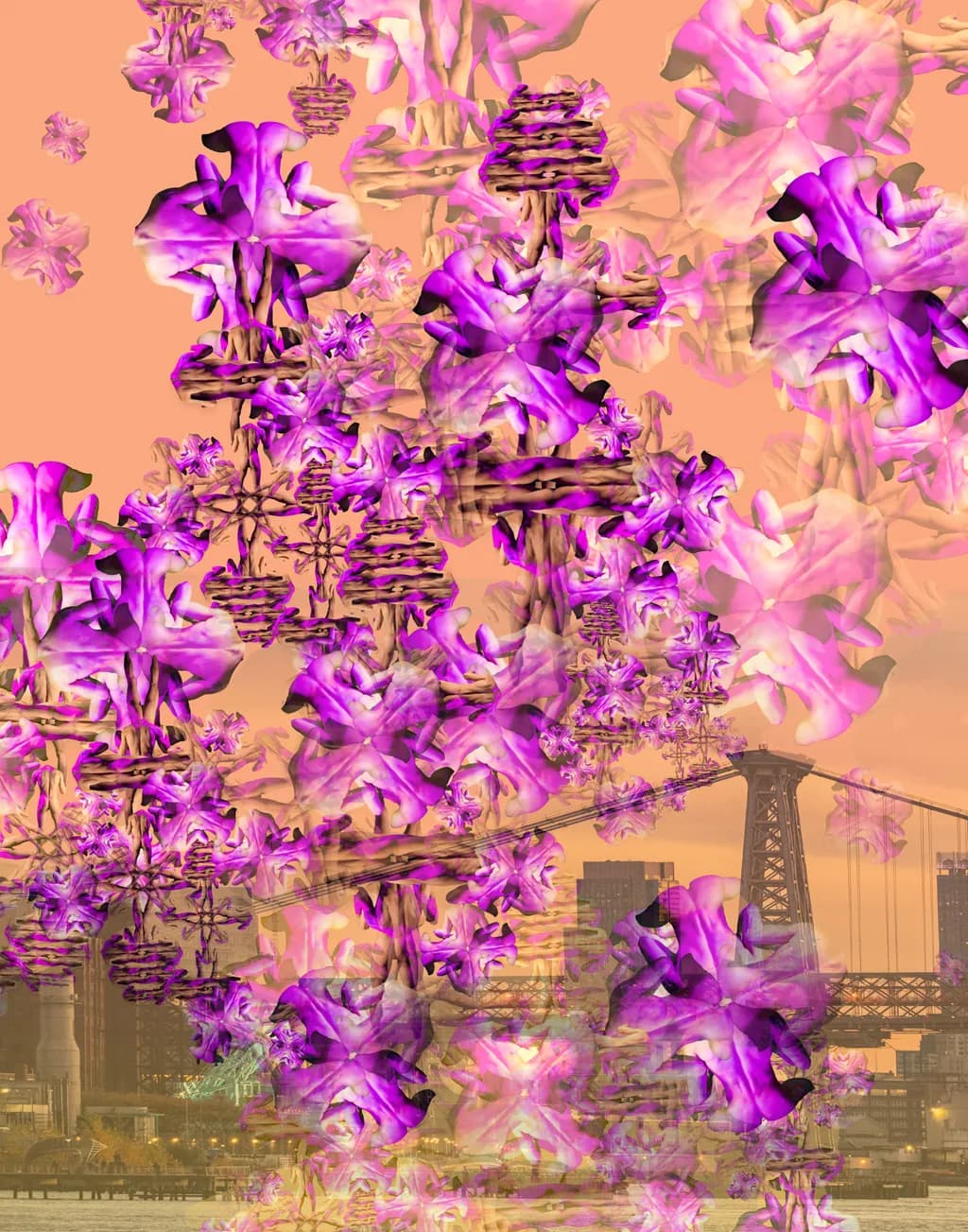 Whispers of Bloom: A Dreamscape of Purple Petals Over Urban Horizons