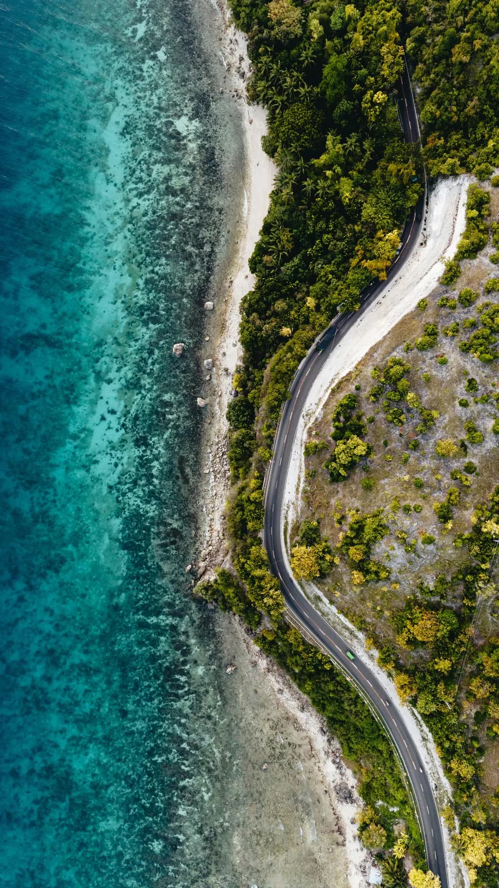 Coastal Serenity: Aerial Journey Through Lush Greenery and Tranquil Waters