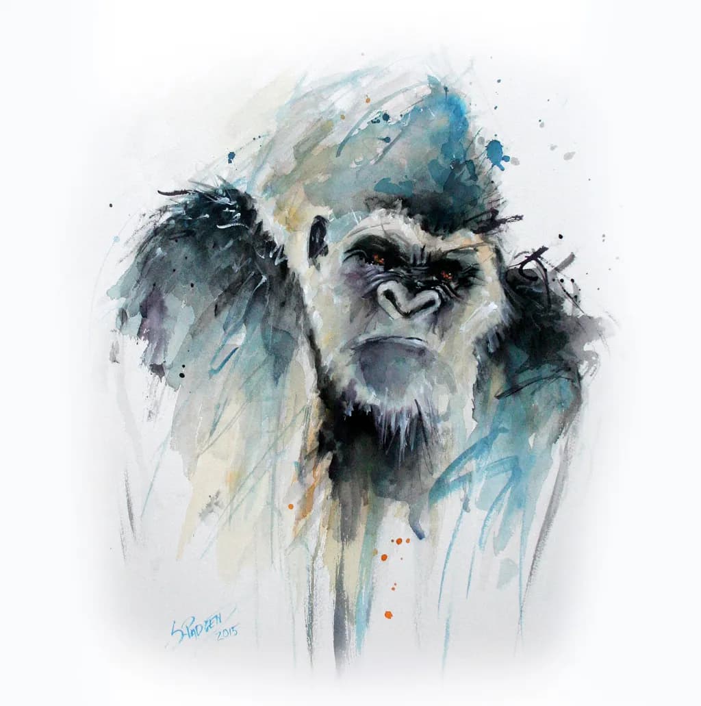 Majestic Gaze: A Watercolor Portrait of a Gorilla's Strength and Expression